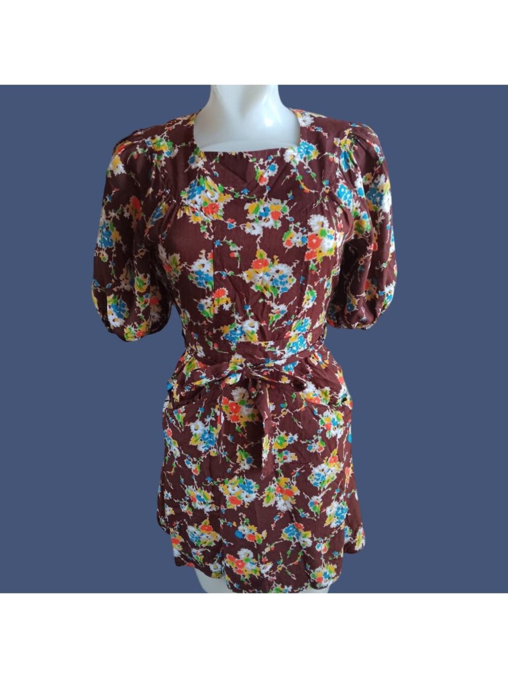 True Vintage Dress sz 7 1970's Boho Plain Jane San Francisco Floral Puff Sleeve